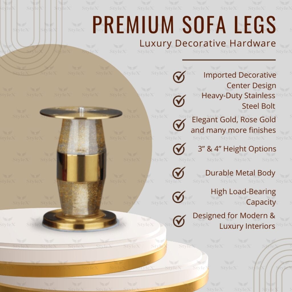 SL Bullet premium metal sofa leg by STYLEX with gold, rose gold, black and decorative center finishes, heavy-duty furniture leg for sofas and beds.