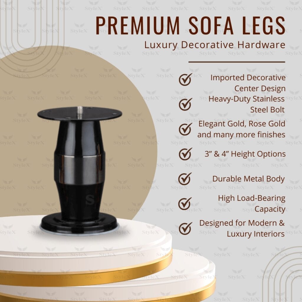 SL Bullet premium metal sofa leg by STYLEX with gold, rose gold, black and decorative center finishes, heavy-duty furniture leg for sofas and beds.