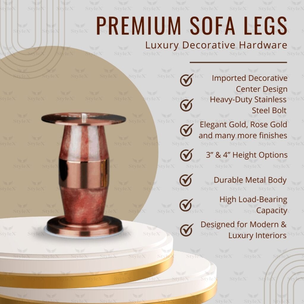 SL Bullet premium metal sofa leg by STYLEX with gold, rose gold, black and decorative center finishes, heavy-duty furniture leg for sofas and beds.