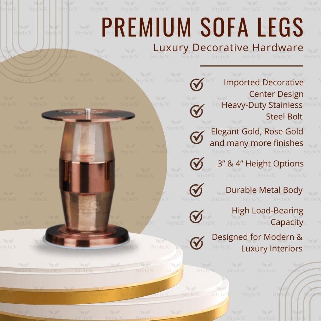 SL Bullet premium metal sofa leg by STYLEX with gold, rose gold, black and decorative center finishes, heavy-duty furniture leg for sofas and beds.