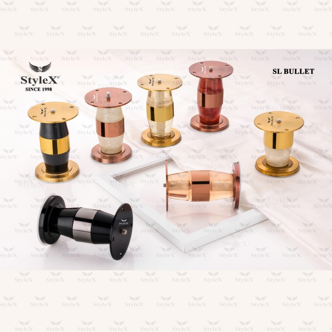 SL Bullet Premium Decorative Sofa Leg – Modern Luxury Metal Finish | STYLEX Since 1998 SL Bullet premium metal sofa leg by STYLEX with gold, rose gold, black and decorative center finishes, heavy-duty furniture leg for sofas and beds.