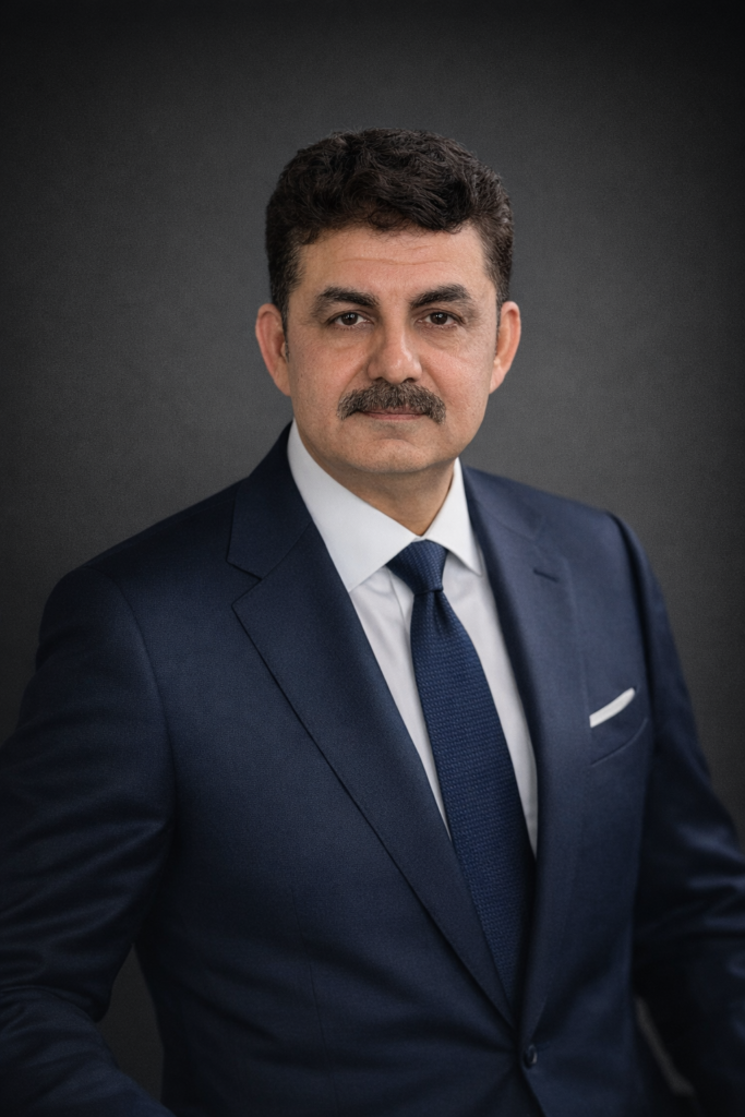 Rajesh Ahuja – Corporate Headshot | Founder & Business Executive Professional corporate headshot of Rajesh Ahuja, business executive and founder, wearing a navy blue suit against a neutral gray studio background