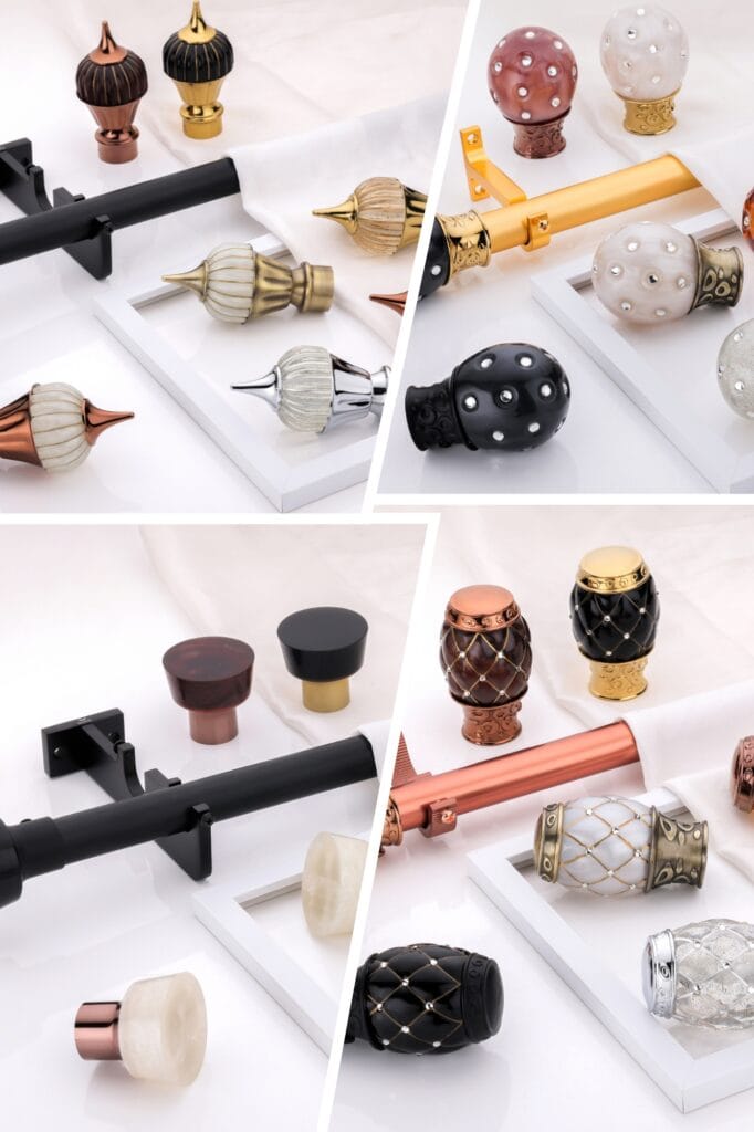 Premium Curtain Rod Finials & Decorative Brackets Collection Luxury curtain rod finials and decorative bracket accessories in gold, bronze, black, and crystal finishes displayed in a premium collection layout.