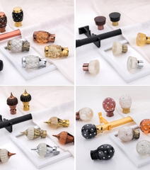 Premium Curtain Rod Finials & Decorative Brackets Collection Luxury curtain rod finials and decorative bracket accessories in gold, bronze, black, and crystal finishes displayed in a premium collection layout.