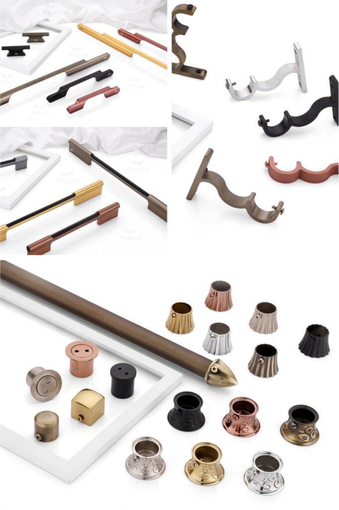 Luxury Decorative Hardware & Curtain Rod Accessories Collection Premium decorative hardware collection featuring curtain rod brackets, metal handles, finials, and accessories in gold, bronze, black, and metallic finishes.