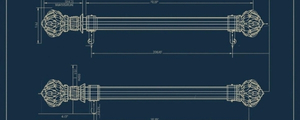 Custom Curtain Rod CAD Blueprint Design Technical CAD blueprint drawing of custom curtain rod system with detailed measurements and mounting bracket specifications.