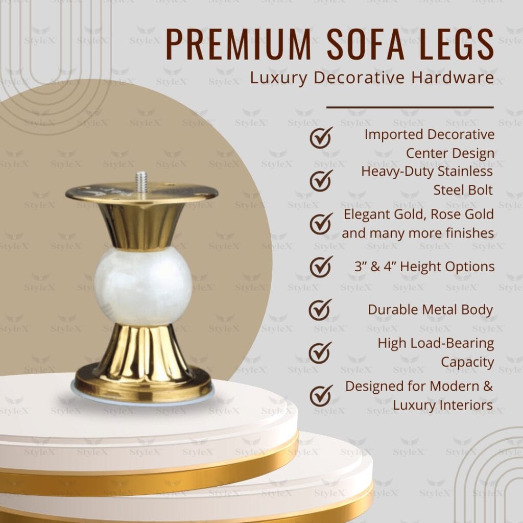 StyleX SL Rembo premium decorative sofa legs in gold, rose gold, black and pearl finishes – modern luxury furniture hardware