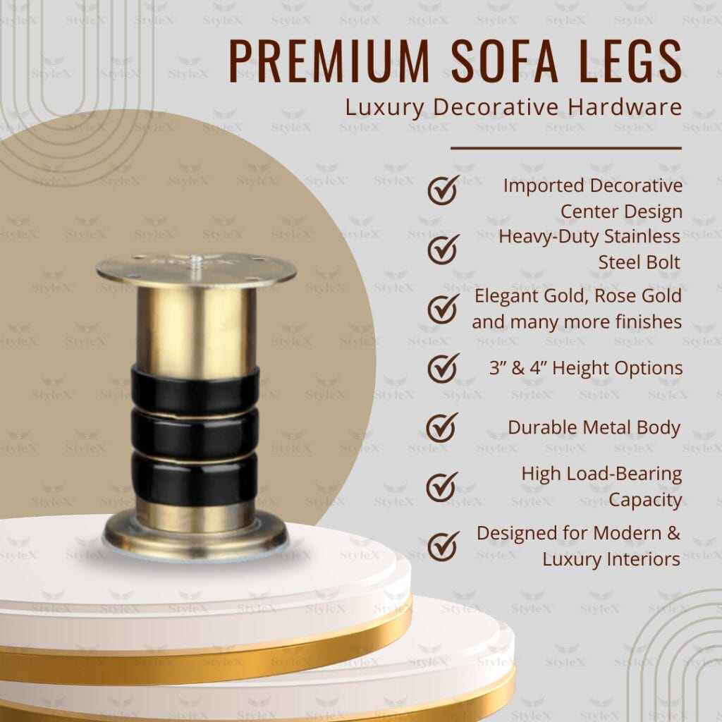 Premium metal sofa legs in gold, rose gold, black and pearl finishes – StyleX SL Venue decorative furniture hardware since 1998