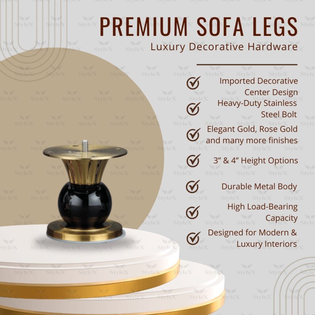 StyleX SL Rembo premium decorative sofa legs in gold, rose gold, black and pearl finishes – modern luxury furniture hardware