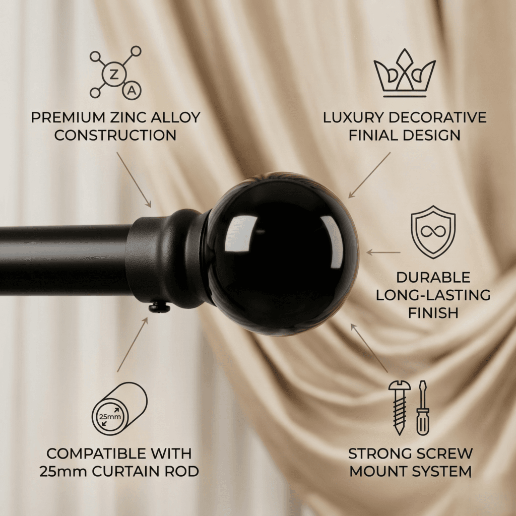 StyleX NT 0999 decorative curtain finial installed on black 25mm curtain rod