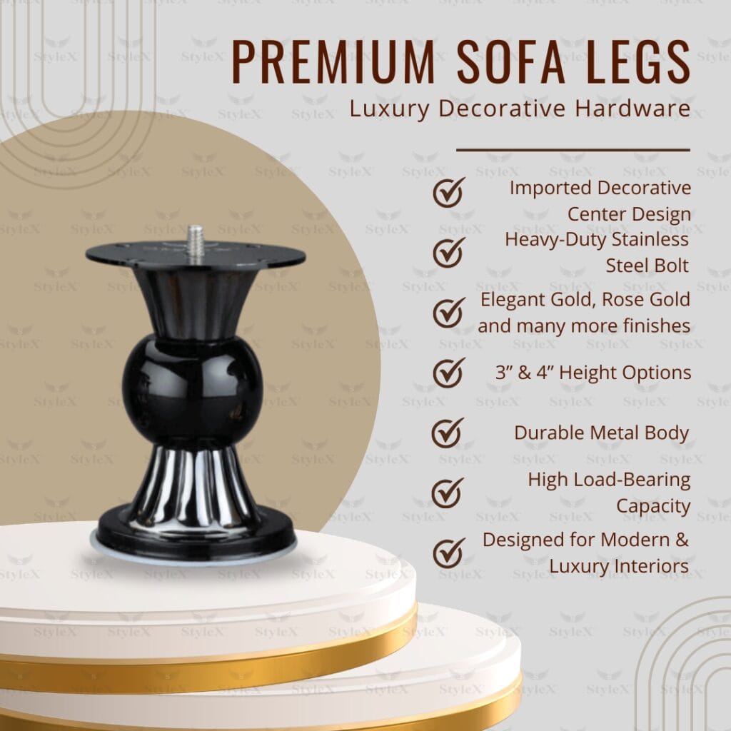 StyleX SL Rembo premium decorative sofa legs in gold, rose gold, black and pearl finishes – modern luxury furniture hardware