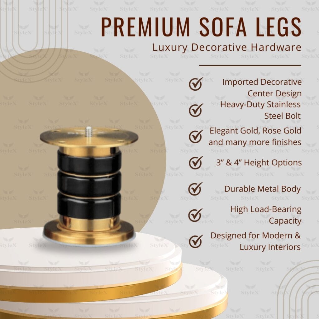 Premium metal sofa legs in gold, rose gold, black and pearl finishes – StyleX SL Venue decorative furniture hardware since 1998