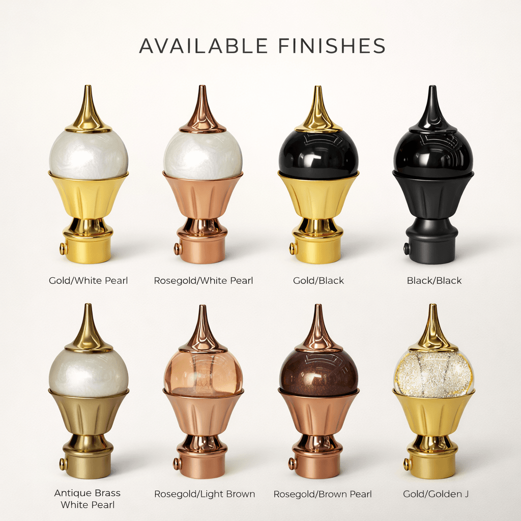 StyleX NT 1137 curtain finial available in multiple finishes including gold pearl, rose gold pearl, black gold and chrome pearl