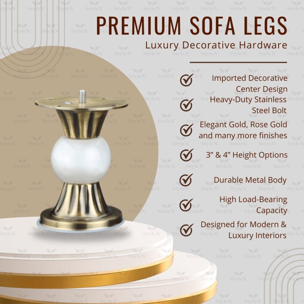 StyleX SL Rembo premium decorative sofa legs in gold, rose gold, black and pearl finishes – modern luxury furniture hardware