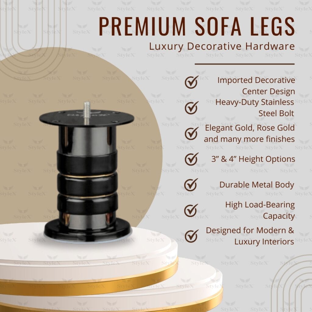 Premium metal sofa legs in gold, rose gold, black and pearl finishes – StyleX SL Venue decorative furniture hardware since 1998