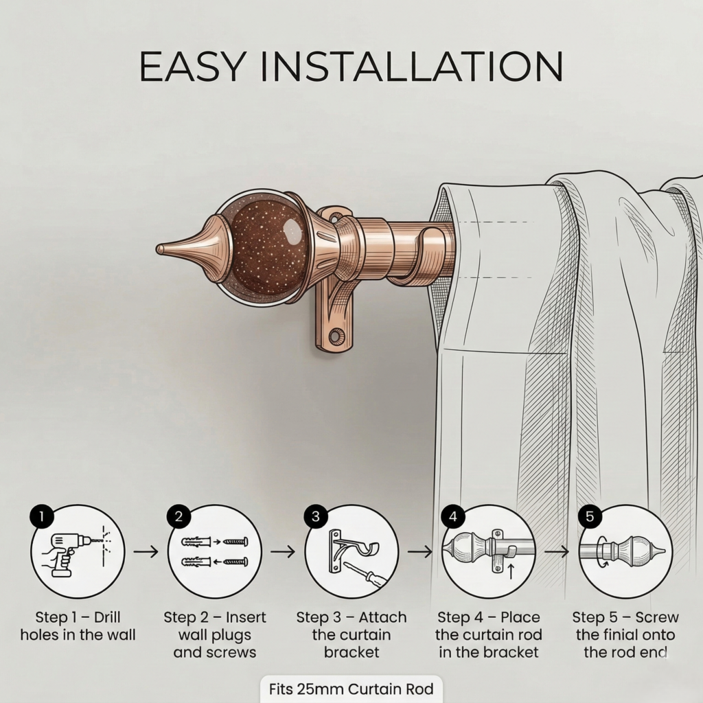 StyleX NT 1137 curtain finial dimensions compatible with 25mm curtain rod decorative hardware