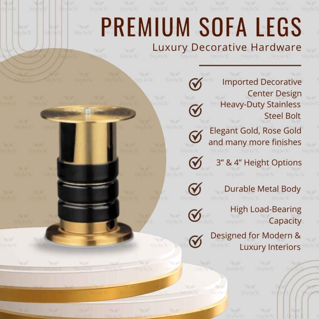 Premium metal sofa legs in gold, rose gold, black and pearl finishes – StyleX SL Venue decorative furniture hardware since 1998